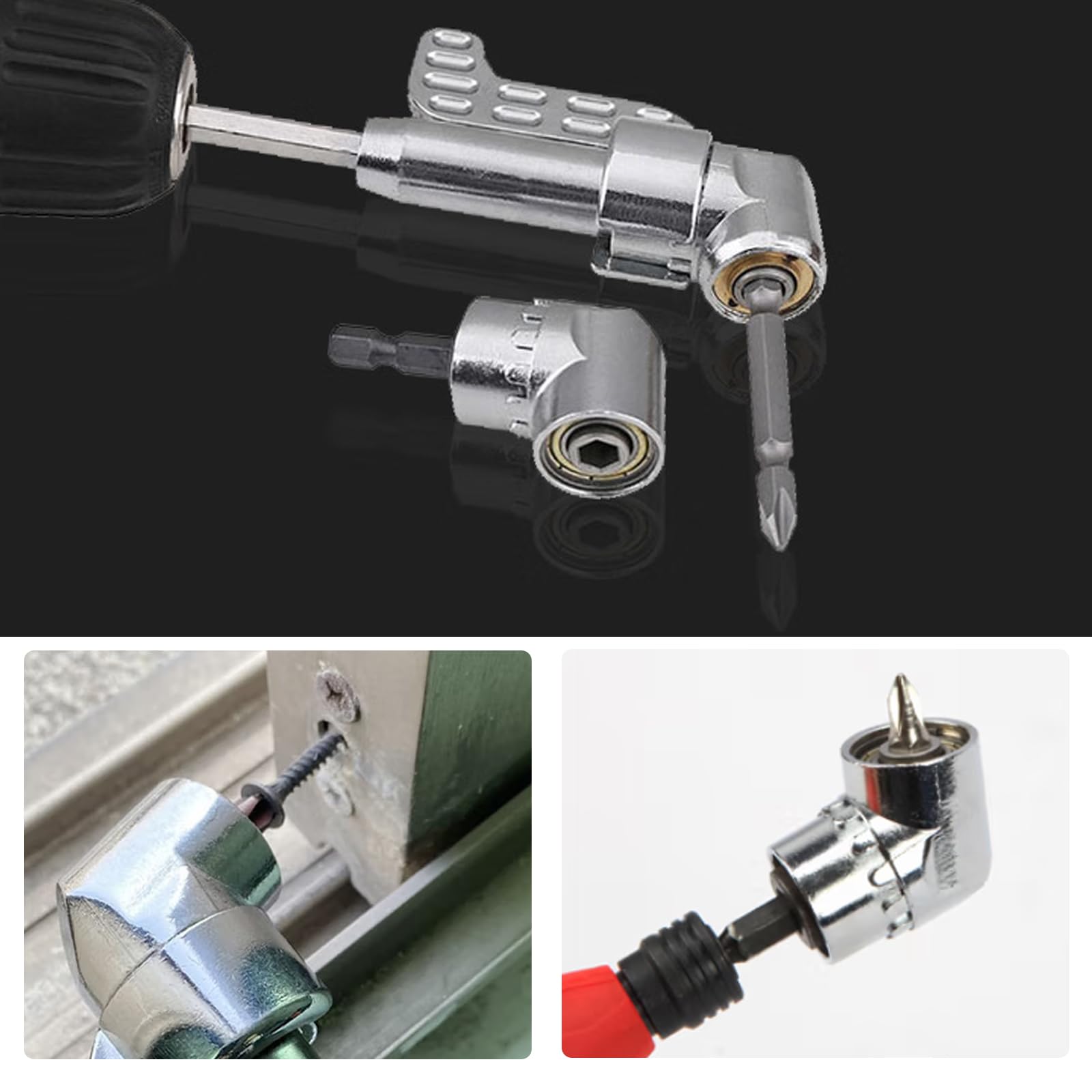 2 fixations pour perceuse à angle droit, 90 degrés 105 degrés à angle droit set d'adaptateurs pour perceuse hexagonale de 1/4 pouce, pour perceuses à piles tournevis (1 court, 1 longue), + 1 barre de
