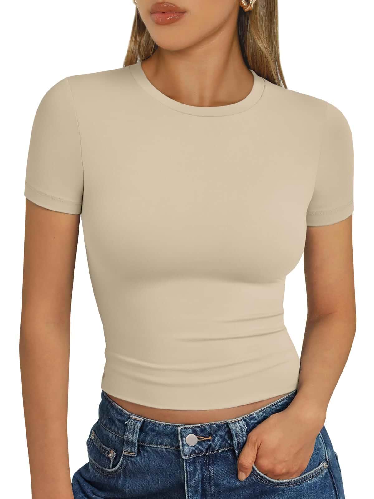 Trendy Queen Womens Short Sleeve T Shirt Basic Summer Top Buttery-Soft Stretch Fabric, Breathable, Figure-Flattering, Slim Fit Y2K Crop Tops for Workouts and Going Out