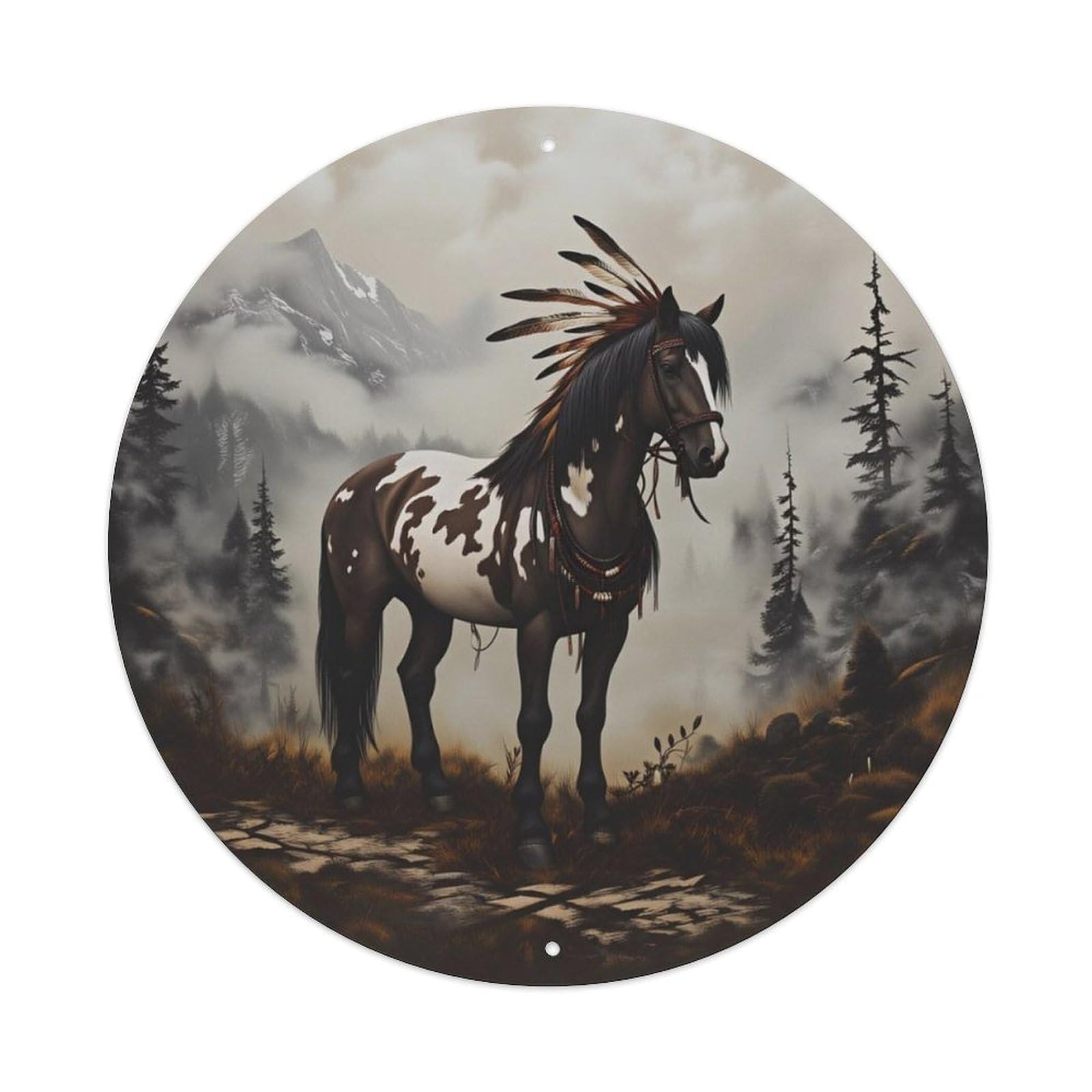 Ldfuieksufg Style Native Feather Paint Horse Mountain Round Decor Sign Vintage Aluminium Metal Sign, Retro Wall Decor For Home, Bar, Garage & Farmhouse 20X20cm