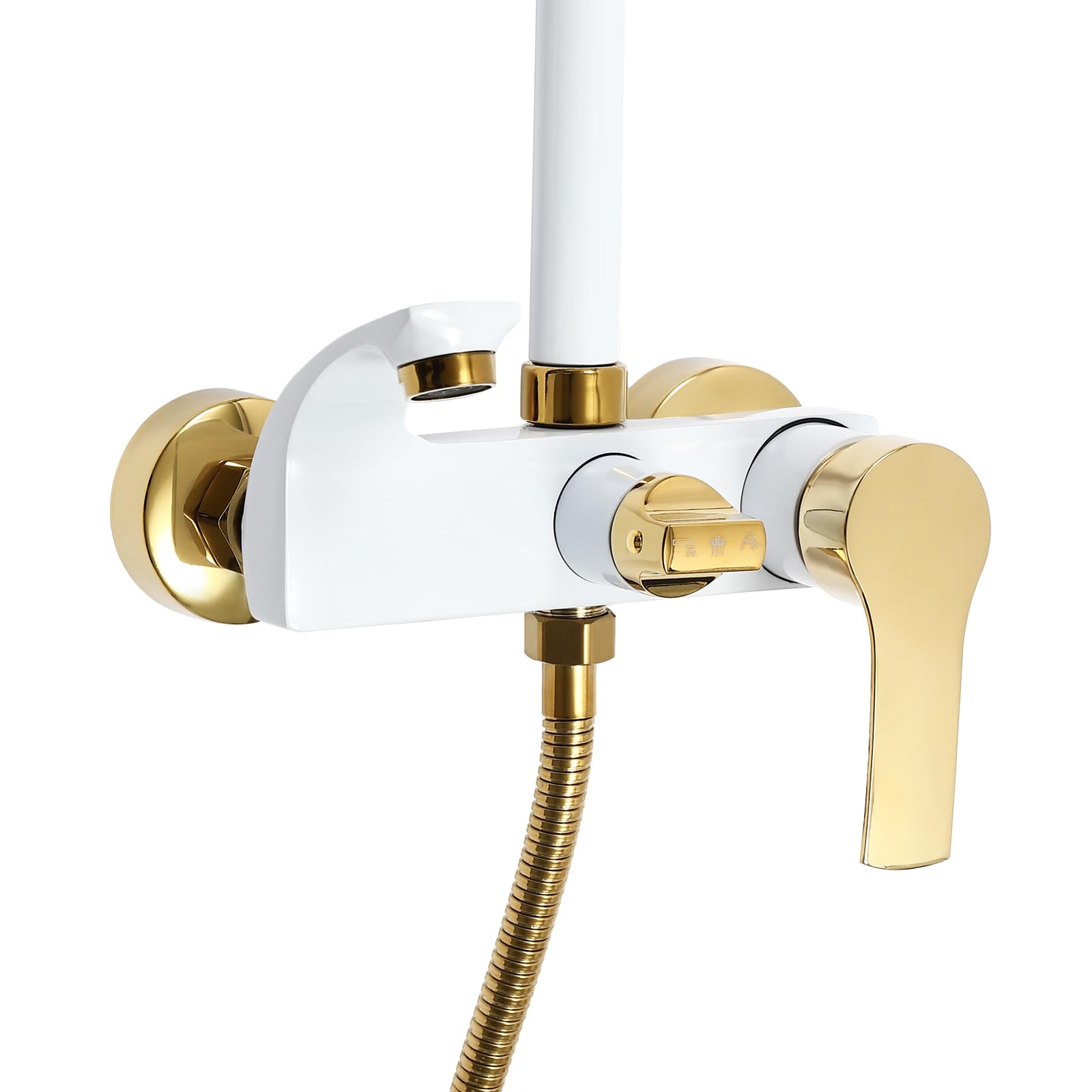Sistema doccia con soffione e doccetta, set completo, asta doccia regolabile in altezza 85-125 cm, sistema doccia bianco oro, 3 uscite dell'acqua con attacco G1/2, per bagno
