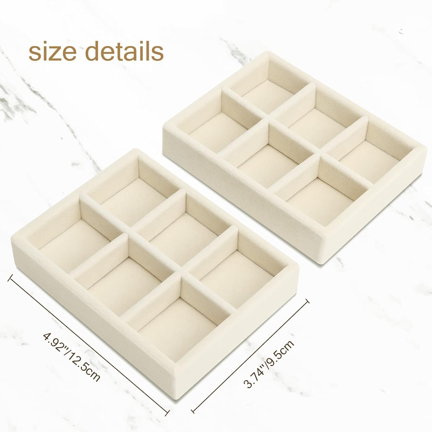 DesignSter Small Jewelry Tray-Ring Organizer 2PCS Premium Velvet Rings Earrings Display Tray Storage Insert Holder for Jewelry Box, Drawer, Dresser (6 Grids, Beige) - Image 3