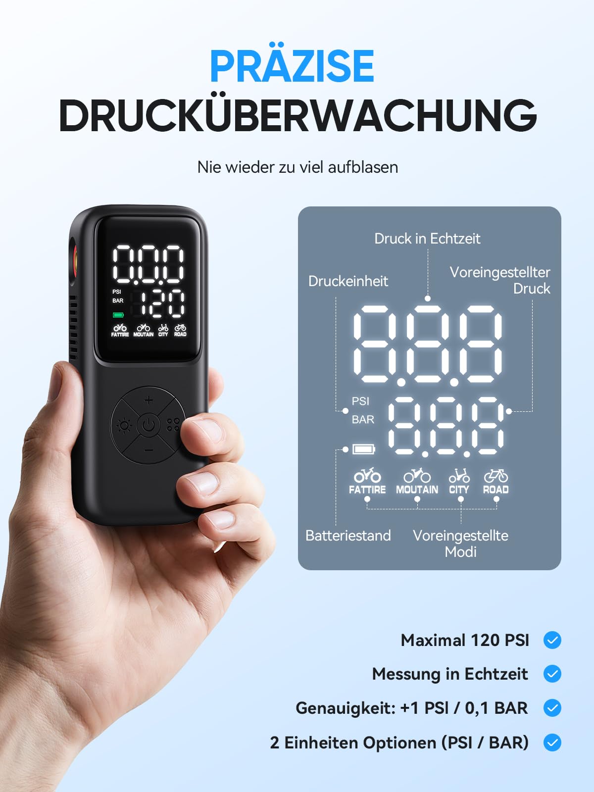 GPUTEK Mini Fahrradpumpe Elektrisch, 120 PSI mit Manometer | 5 voreingestellten Modi für Schrader- und Presta-Ventil Fahrrad-Reifenpumpe für Straße, Berg, Stadt Fahrrad und fette Reifen