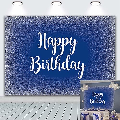 Royal Blue Happy Birthday Backdrop Adults Mans Boys Bday Party Banner Silver Glitter Spots Photography Background Table Wall Decorations Photo Shoot Booth Studio Props
