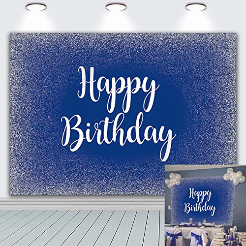 Royal Blue Happy Birthday Backdrop Adults Mans Boys Bday Party Banner Silver Glitter Spots Photography Background Table Wall Decorations Photo Shoot Booth Studio Props #TOP1