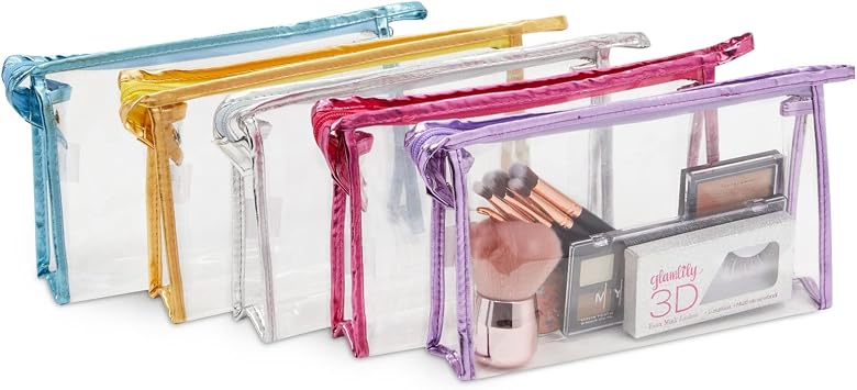 Glamlily 10 Pack Clear Cosmetic Bags with Zipper for Makeup, Travel Size Toiletries 5 Colors, 9.6 x 2 x 5.5 In