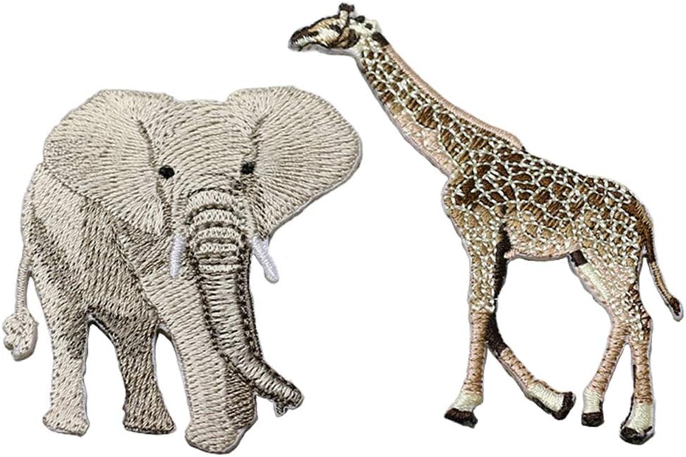 2 Pcs Embroidered Elephant & Giraffe Iron On Patches for Backpacks, Hats, DIY Sew on Applique Patch, Vintage Embroidered Patches for Repair Clothes, Jackets, Jeans