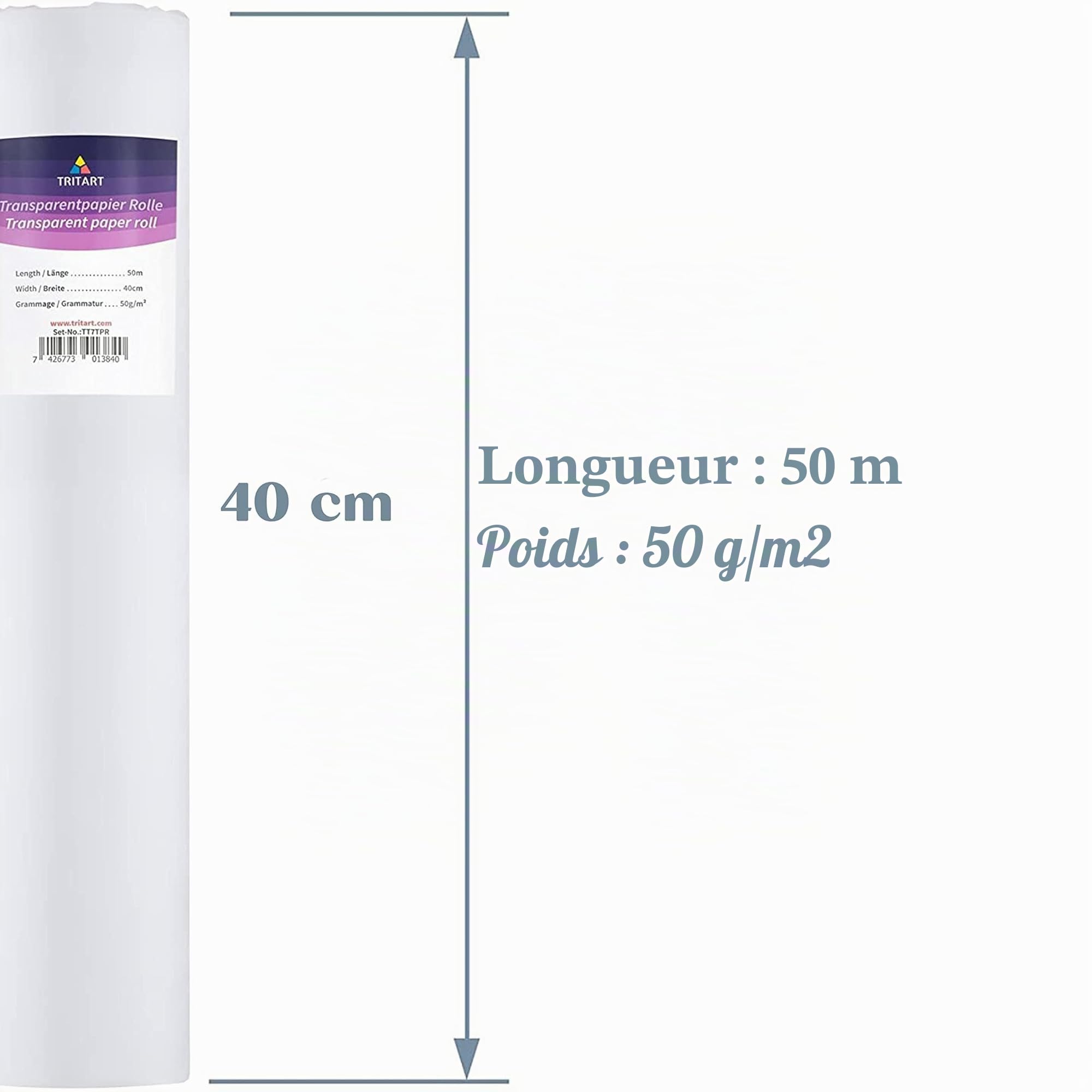 TRITART Papier Calque en Rouleau - Largeur 40 cm x 50 m - Grand Format - 50 g/m - Transparent - Papier patron couture - Pour faire des croquis, ciuture, craft