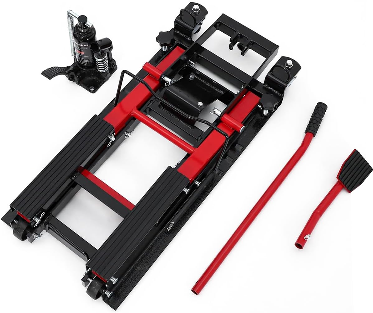 1500 LBS Hydraulic Motorcycle Lift Jack, Portable ATV Scissor Lift Jack with 4 Wheels, Foot-Operated Hoist Stand for Motorcycle, ATV, UTV, Powersports, Black
