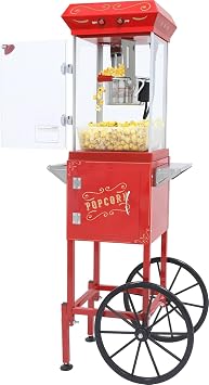 Popcorn Machine Cart - 7OZ Kettle Stainless Steel Popcorn Maker Machine with Retro Vintage Cart & Wagon Wheels, Home Theater Style for Home, Community Events, Markets, Parties, School