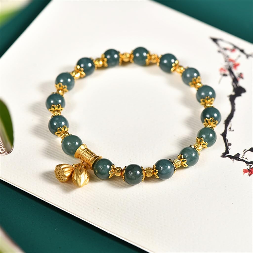 MOCHAMIK Bracciale con Cordino in Giada con Fiori retrò in Argento 925, Braccialetto di buona Fortuna a Due Mondi