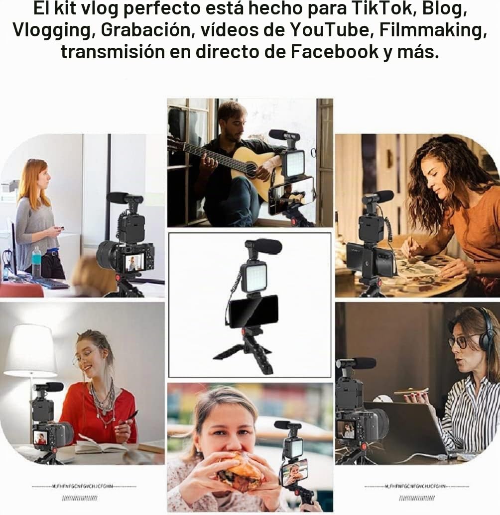Kit de vídeo para smartphone profesional, kit Vlog teléfono, incluye luz LED, micrófono, soporte y trípode, compatible con iPhone, Android, Youtube, TikTok, Vlog, Live Streaming