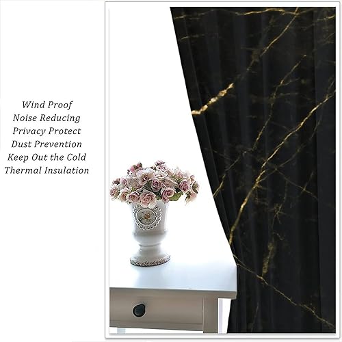 Miniatura 4 de Cortinas de cocina de mármol negro dorado y moderno, diseño retro y moderno, con estampado de textura de mármol, bolsillo para barra, cortinas de