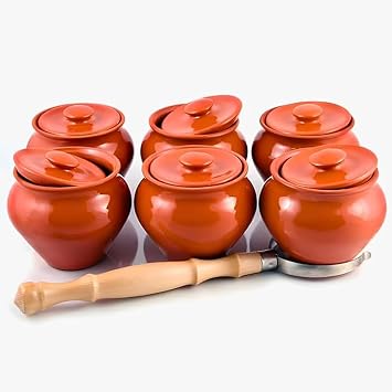 HOMEHUT Traditional natural clay stoneware baking pots with oven fork, Handcrafted red clay cooking pot with lid, set of 6 and storage 0.5-Qt Each