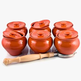 HOMEHUT Traditional natural clay stoneware baking pots with oven fork, Handcrafted red clay cooking pot with lid, set of 6 and storage 0.5-Qt Each