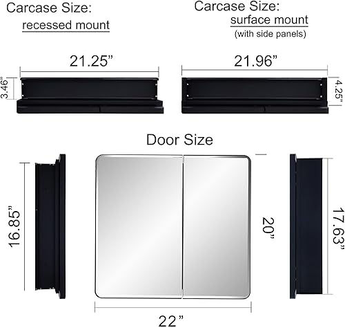 Miniatura 3 de IDYLLOR Botiquín LED para baño con puerta de espejo con marco de esquina redonda, 22 x 20 pulgadas, empotrado o montaje en superficie, con estantes