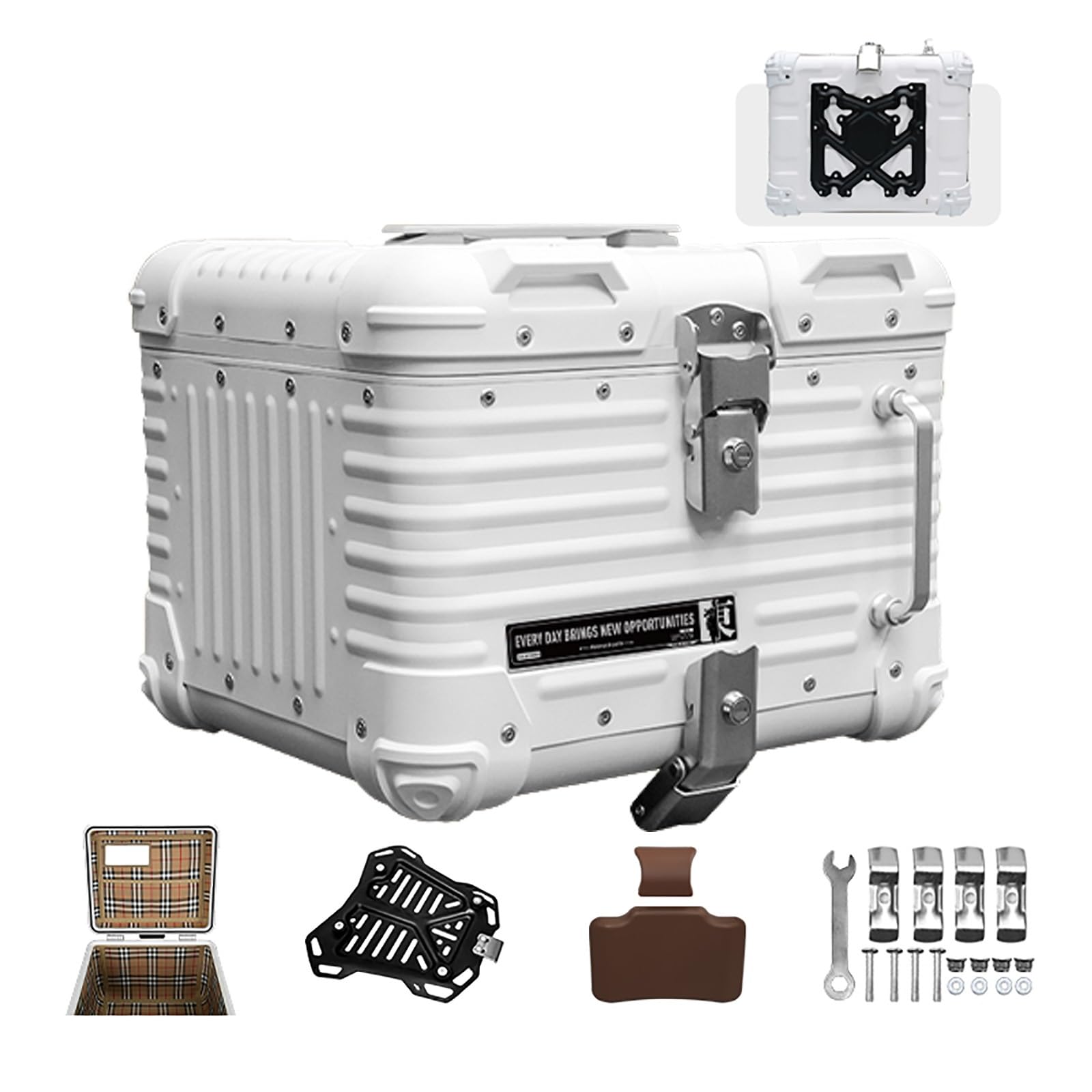 Impermeable Universal Motocicleta Top Case Con Cerradura De Seguridad 40L/45L Caja De Cola De Motoes Con Respaldo Aleación De Aluminio Safe Trunk Tail Box Con Placa Universal Fácil De Instalar(White,4