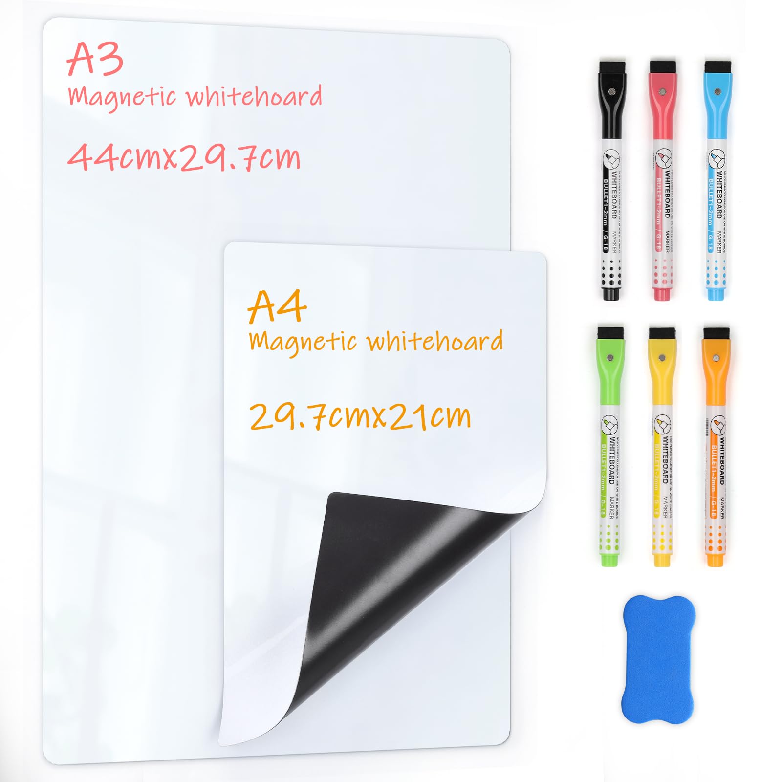 Pizarra Magnética Nevera, Pack de 2 A3 + A4 Pizarras Rotulador Borrables con 6 Rotuladores y 1 Borrador, Fácil de Escribir y Borrar, Planificador Semanal para Casa, Cocina, Oficina y Escuela