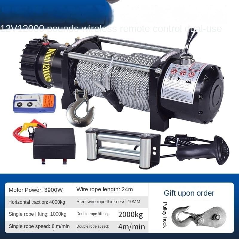 Image of Portable Small Electric Hoist, Electric Vehicle-Mounted Crane Winch, Off-Road Vehicle Self-Rescue Winch (12000 Lbs Dual Switch)