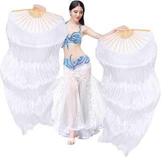 1 Pair 59'' Real Silk Belly Dance Fans, Women Belly Dance Fans, Long Fan Veils with Bamboo Ribs, Hand-Made