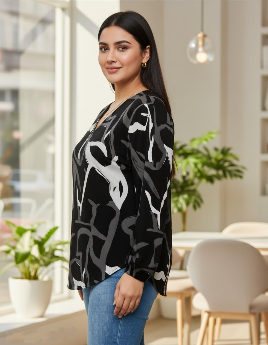 Women’s Abstract Print V-Neck Blouse | Long Sleeve Black & Grey Pattern Top | Stylish Casual Wear Tunic for Office & Daily Use