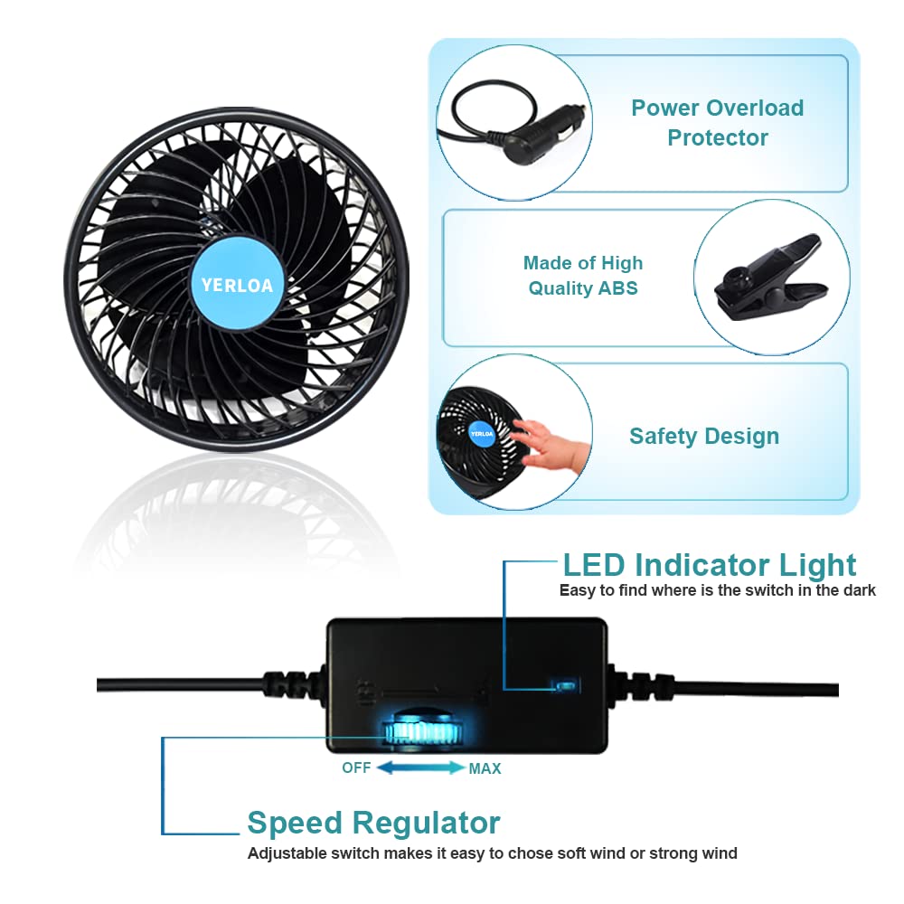 Yerloa 6 inch 12V Car Fan Car Cooling Fan Vehicle Clip Fan, Low Noise 360 Degree Rotating Step-less Speed Car Fans with Adjustable Clip & Cigarette Lighter Plug for Vehicle Truck Yerloa 6 inch 12V Car Fan Car Cooling Fan Vehicle Clip Fan, Low Noise 360 Degree Rotating Step-less Speed Car Fans with Adjustable Clip & Cigarette Lighter Plug for Vehicle Truck