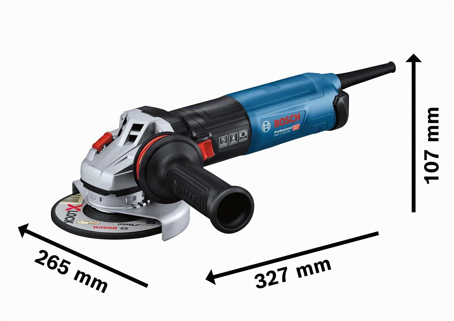 Bosch Professional amoladora angular GWS 17-125 S (1700 W, incl. empuñadura auxiliar, cubierta protectora, cubierta protectora separación, filtro polvo, llave 2 agujeros, brida, tuerca tens.)
