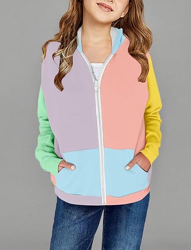 Miniatura 6 de storeofbaby Sudadera con capucha y cremallera para niñas, casual, de manga larga, ligera, con bolsillos