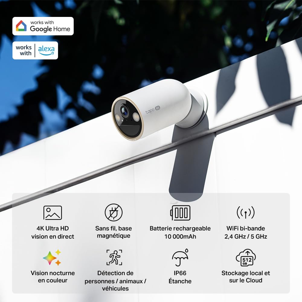 Tapo C460 Caméra de Surveillance Extérieure 4K 8MP, Batterie 10000mAh, Vision Nocturne Couleur Starlight, Wi-FI Dual-Band, Base Magnétique, Détection AI Gratuite