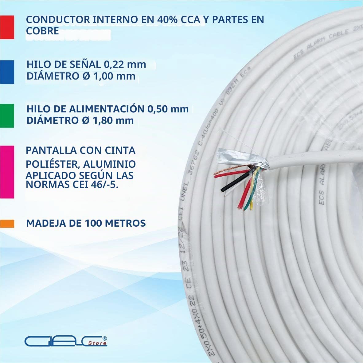 Cable Cables Alarma Bobina 6 hilos 4 x 0,22 + 2 x 0,50 mm 4+2 Bobina de 100 metros CCA blindado profesional certificado anti propagación en caso de incendio