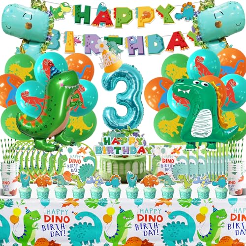 Decoração de aniversário dinossauros 3 anos, 104 peças balões de alumínio, louça com toalha de mesa, pratos, guardanapos - tema dourado para festa infantil
