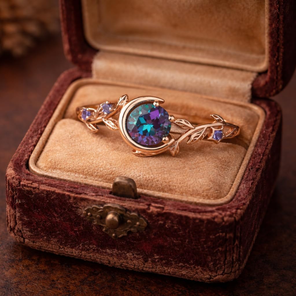 Round Alexandrite Engagement Ring 14K Rose Gold Crescent Moon Star Cluster Design June Birthstone Color Change Ring Celestial Anniversary Jewelry Gift for Women