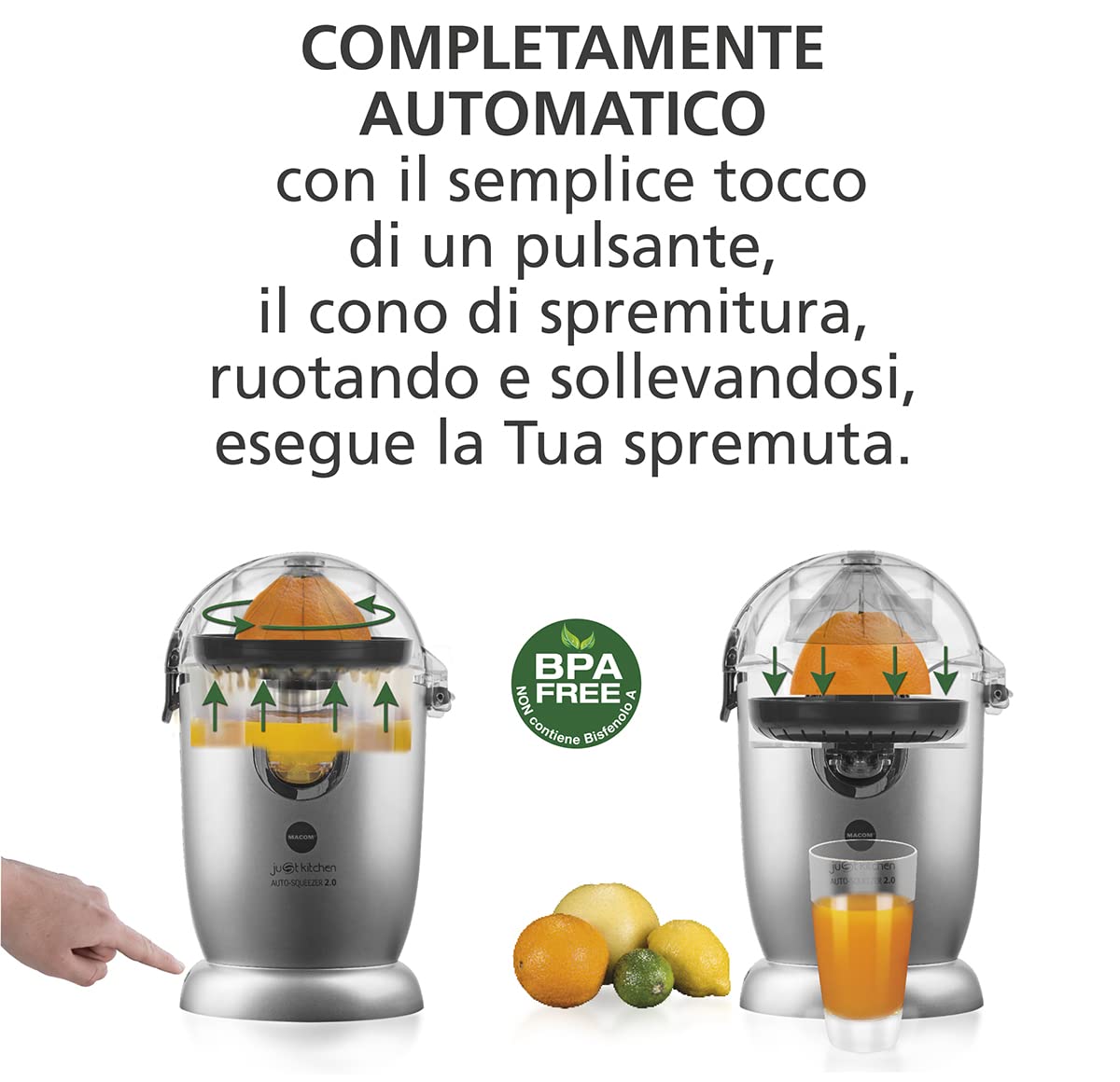 MACOM 874 Spremiagrumi Auto Squeezer 2.0, completamente Automatico, spreme con il semplice tocco di un Pulsante tutti gli agrumi, completamente smontabile per una facile pulizia