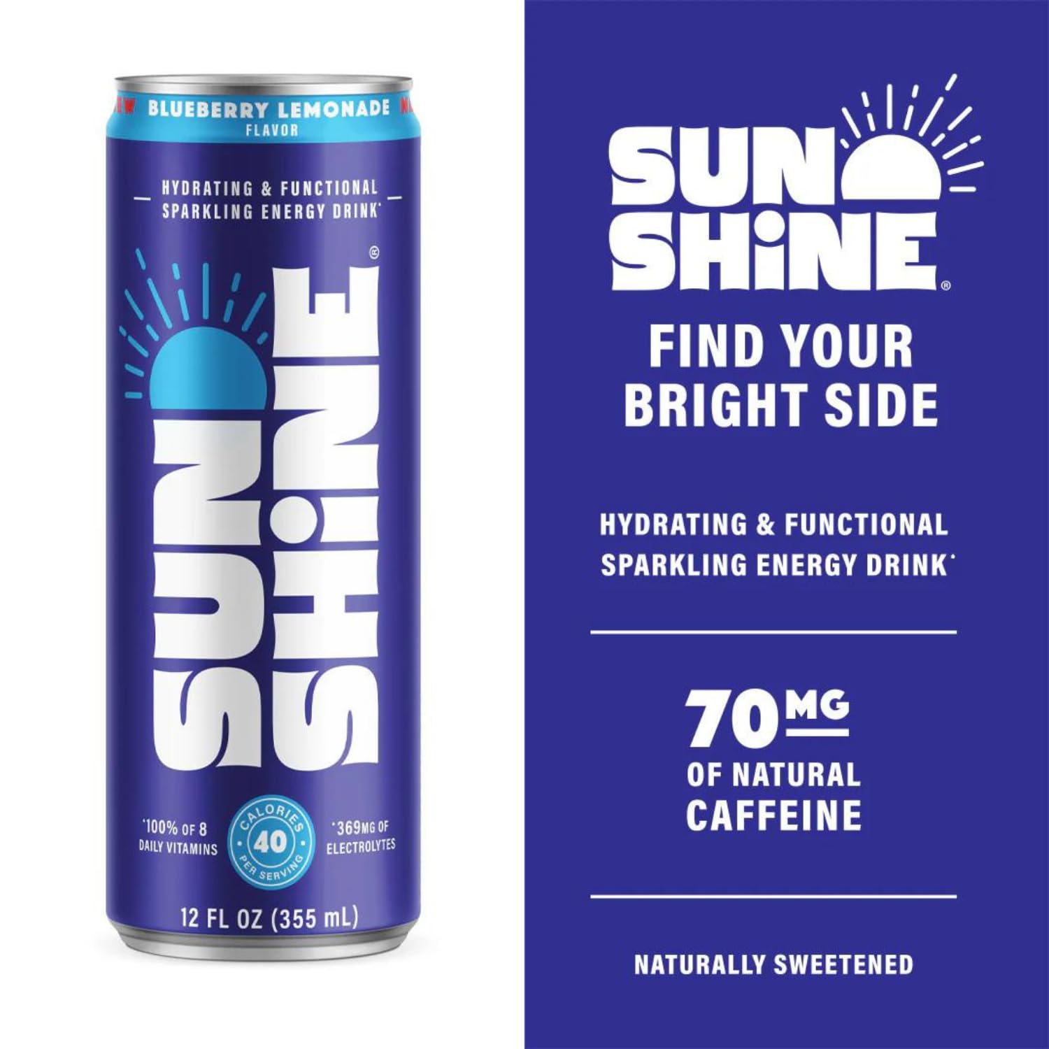 Sunshine Sparkling Energy Drink, Blueberry Lemonade with Daily Essential Vitamins, 360mg of Electrolytes, 70mg of Natural Caffeine, 12 Fl Oz (Pack of 24)