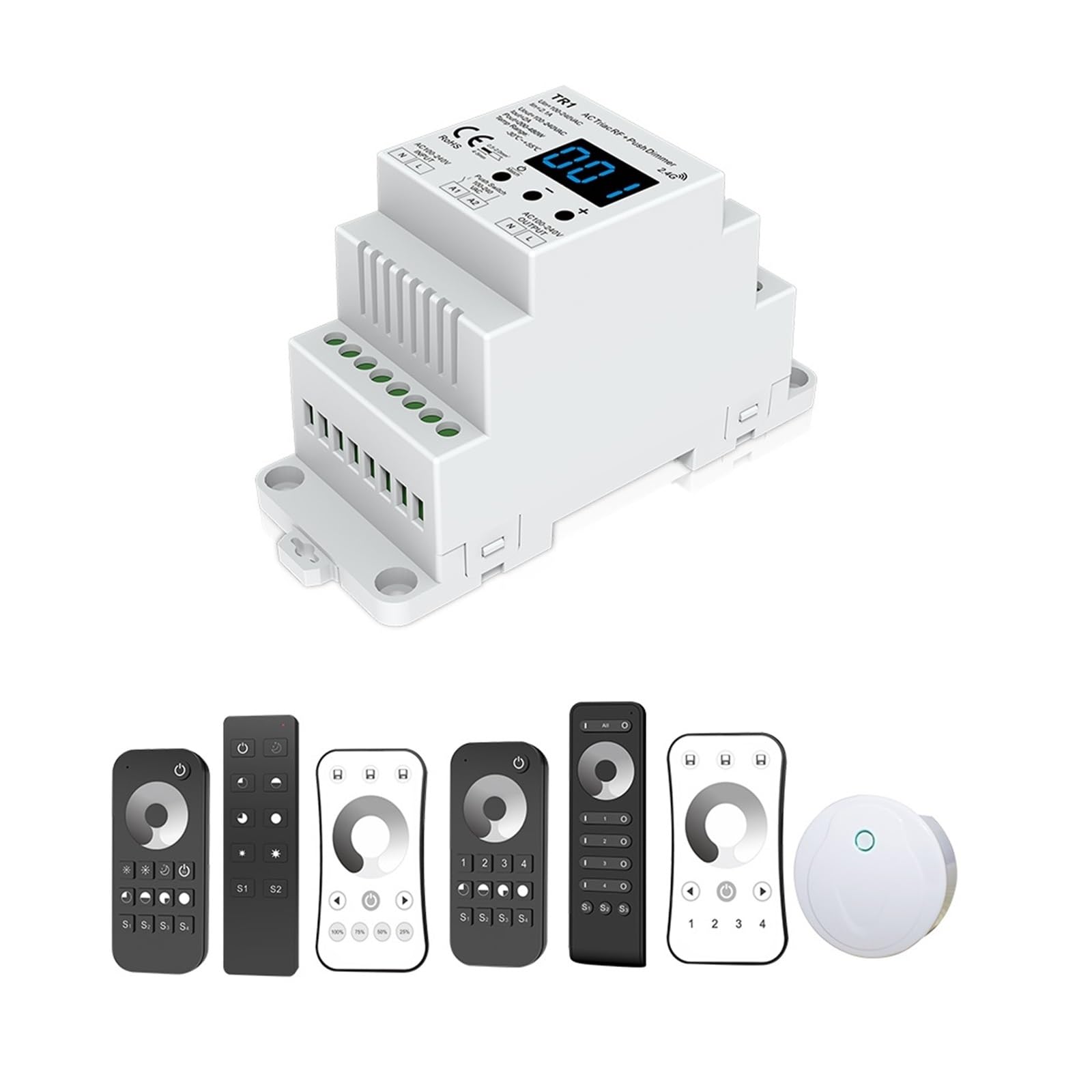Dimmer LED 220 V 230 V 110 V AC Triac Dimmen Druckknopfschalter mit 2,4 G Fernbedienung Dimmer Schalter DIN Schiene LED Birne(LSD-R1 Remote Only)