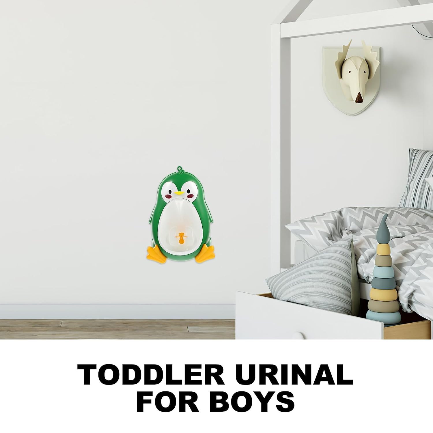 Penguin Shape Wall-Mounted Urinal with Rotating Water Wheel for Boys Height Potty Training Tool for Home Bathroom Use Suction Cup Attachment Fun Cartoon Design for Ages