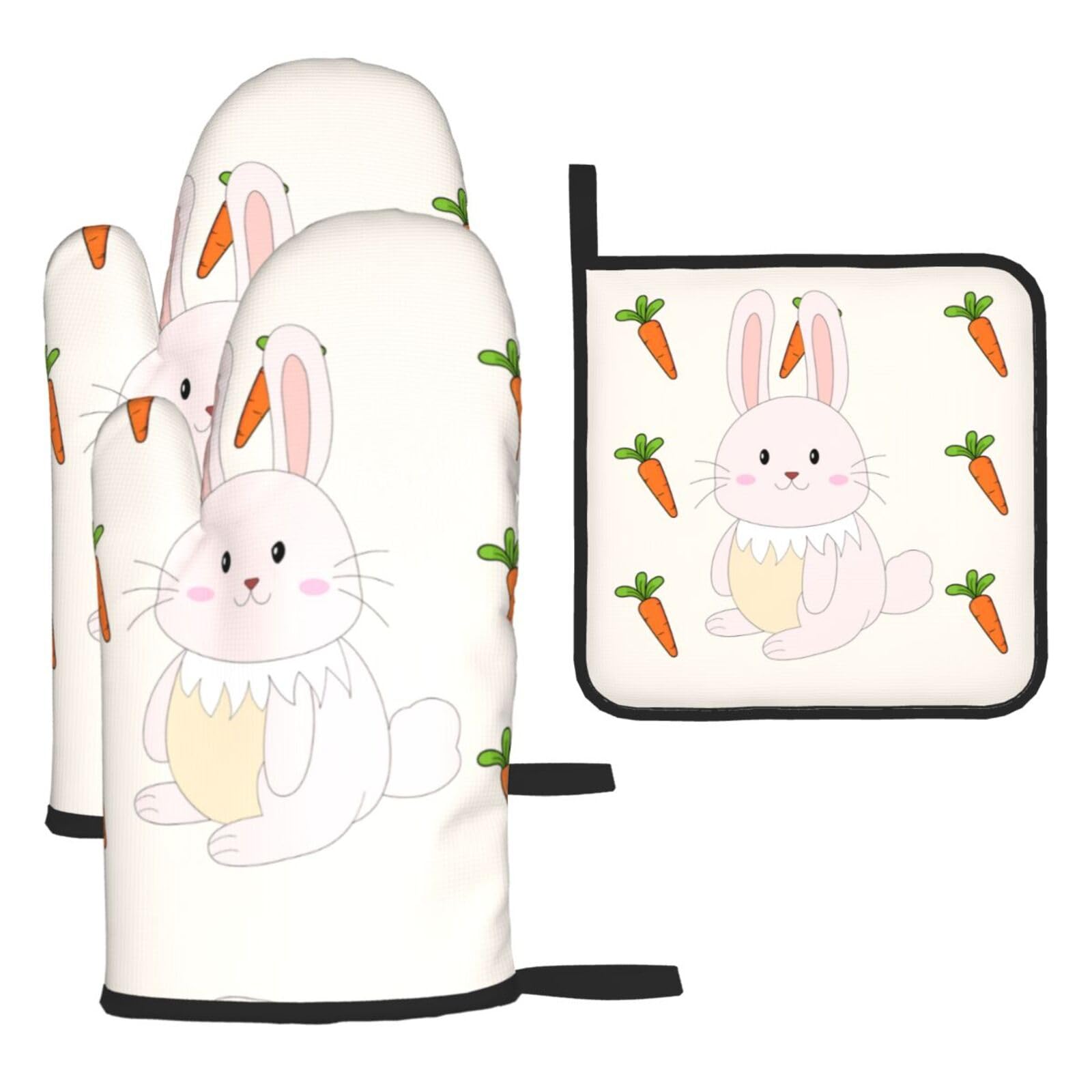 smiling rabbit Oven mittens and oven mitts three-piece set suitable for oven, grilling, baking, microwave and home cooking.