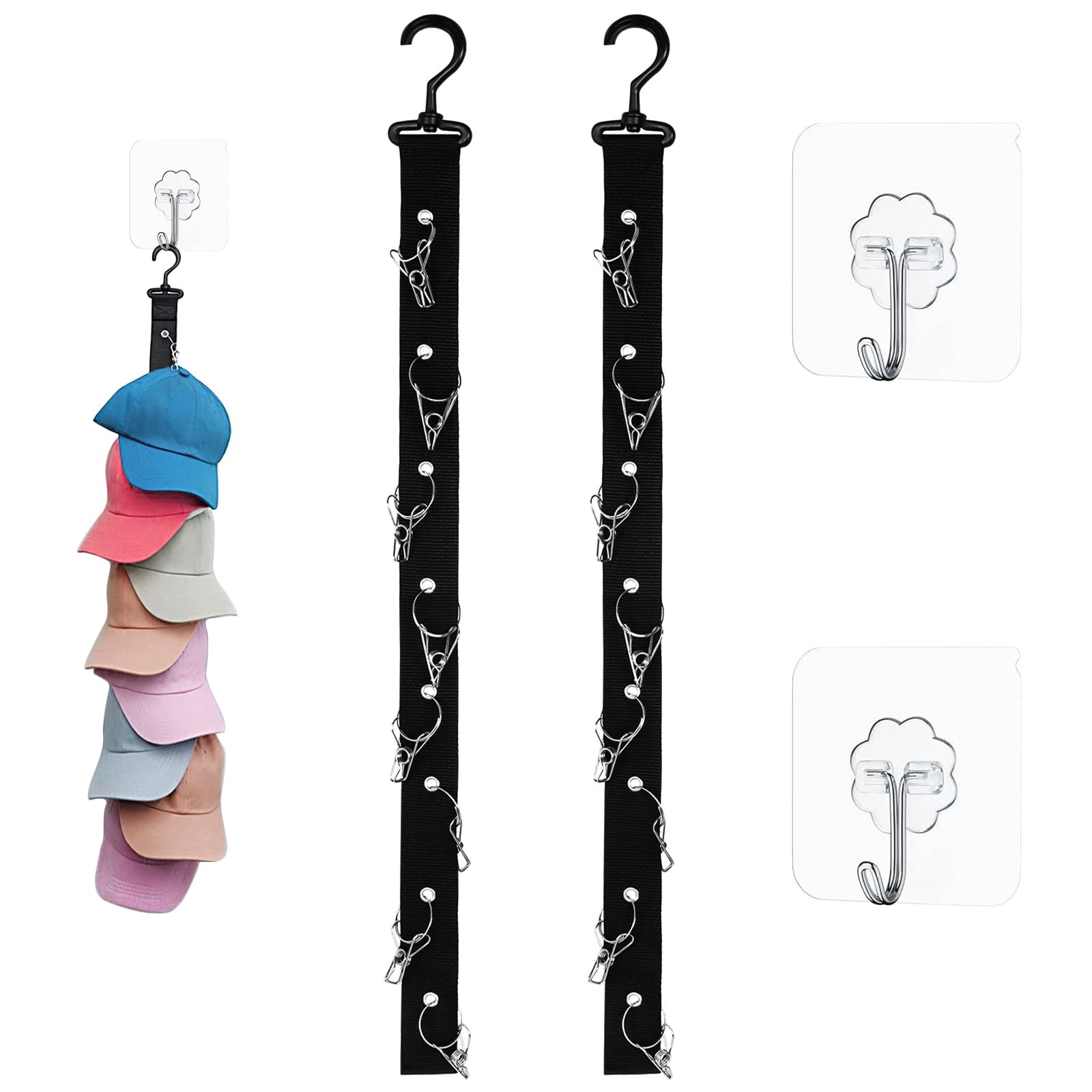 Organizador de Gorras Colgador Vertical 16 Ganchos Acero Inoxidable 2 Ganchos Adhesivos Soporte Pared Puerta Armario