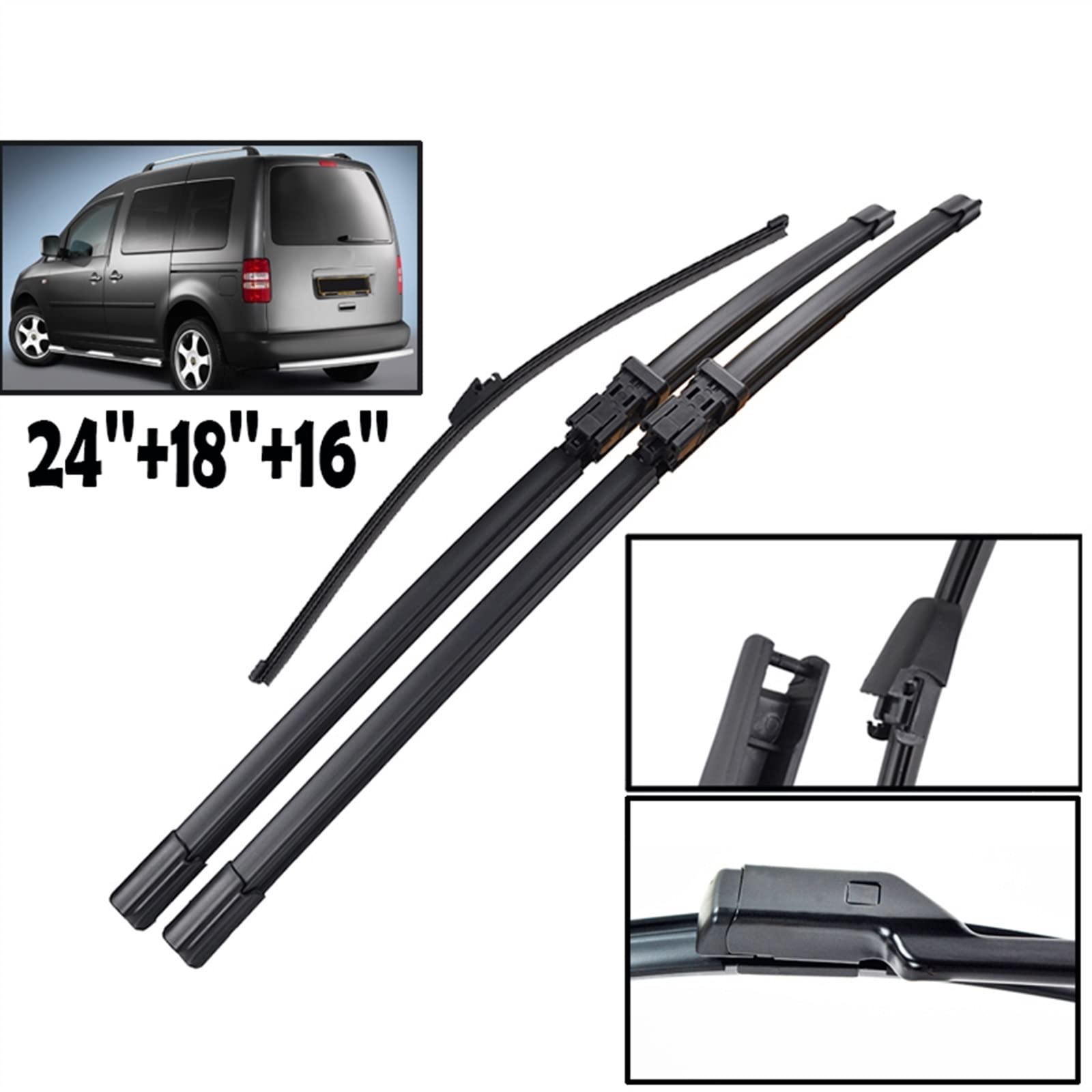 24''18''16'' Parabrezza Parabrezza Spazzole Tergicristallo Auto Anteriore Posteriore Lunotto Tergicristallo Per VW Per Caddy 2008 2009 2010 2011 2012 2013 2014 Parabrezza