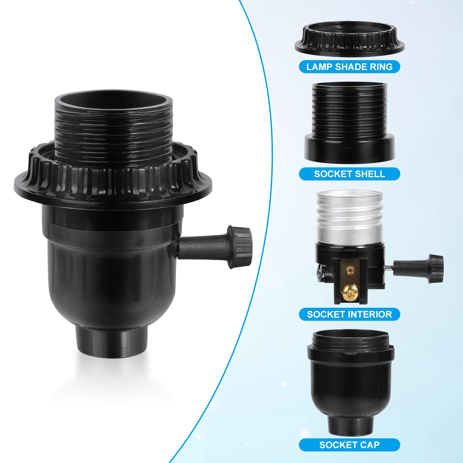 E26 Light Socket, Threaded Lamp Socket with Switch On/Off Medium Base Lamp Socket Replacement Parts with Lamp Shade Ring for Table Lamp, Floor Lamp, DIY Lamp Repair, 2 Set