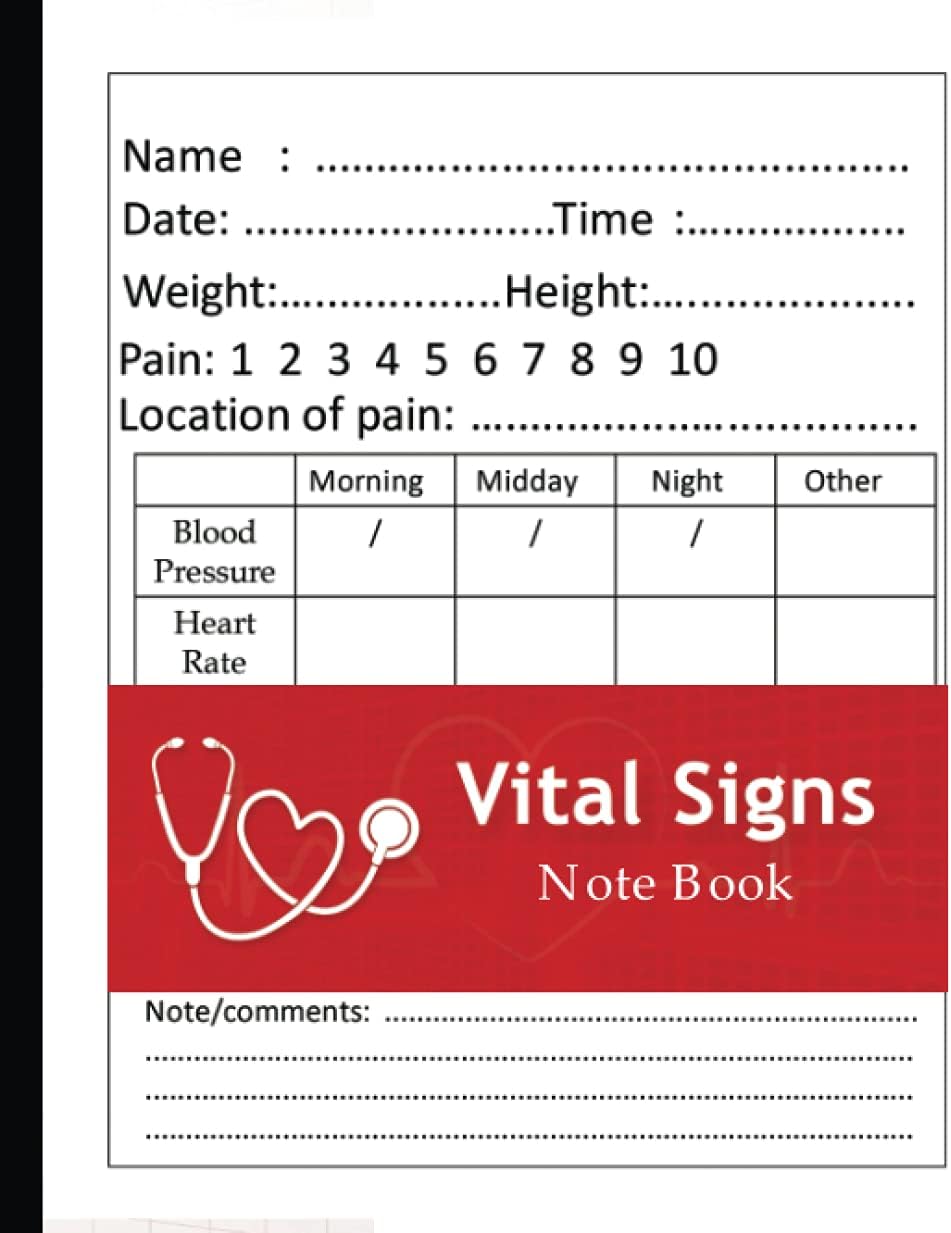 vital signs note book: Vital Signs Journal To Record Allergy,Medications,Track Blood Pressure, Blood Sugar, Heart Rate, Temp, Weight, Height or Oxygen ... & It's Intensity All in One Medical Log Book.