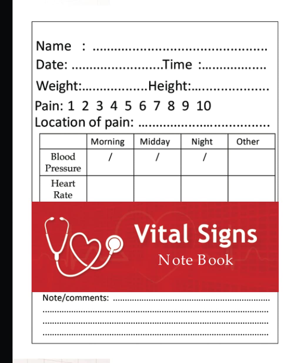 vital signs note book: Vital Signs Journal To Record Allergy,Medications,Track Blood Pressure, Blood Sugar, Heart Rate, Temp, Weight, Height or Oxygen ... & It's Intensity All in One Medical Log Book.