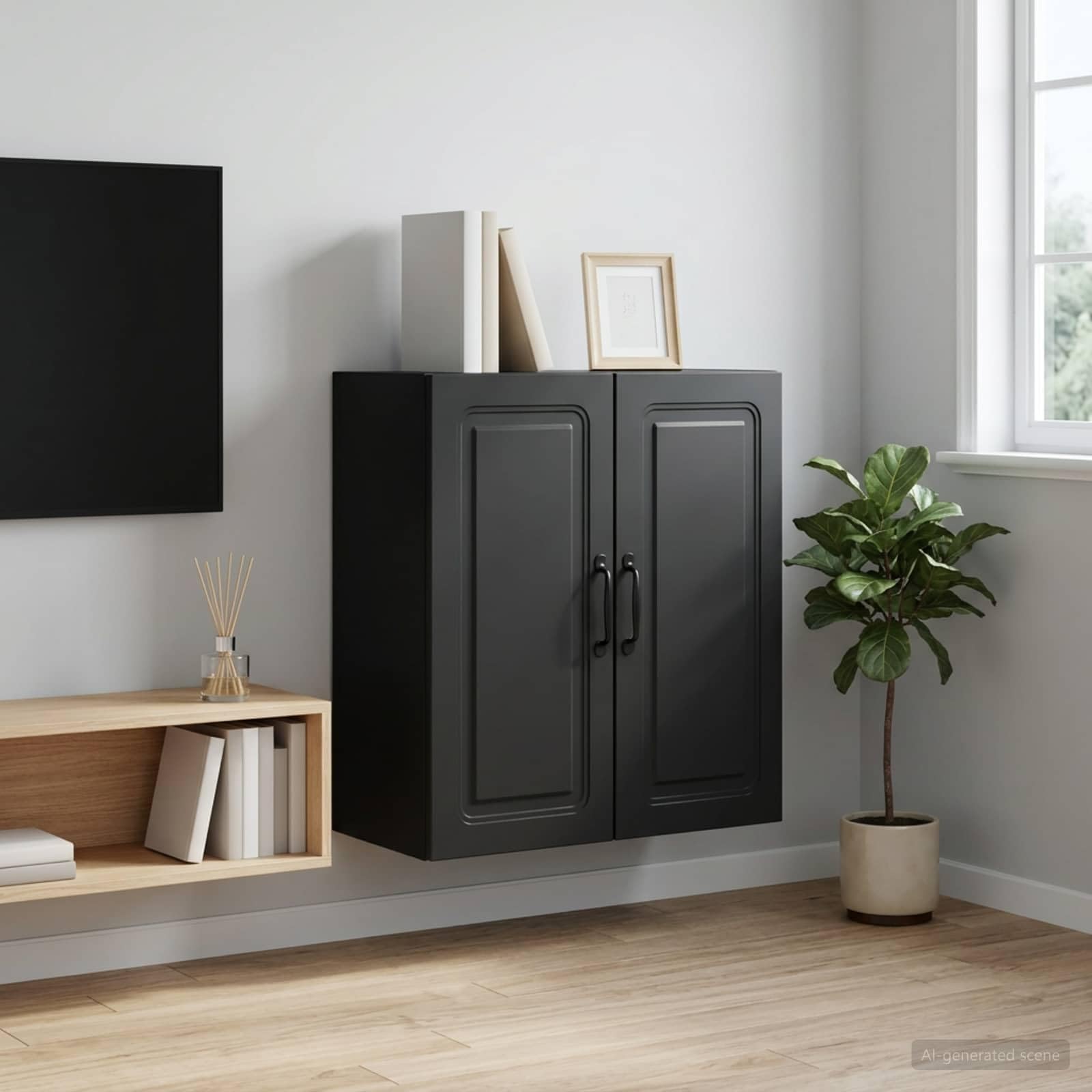 Armadio da parete nero, 59 x 31 x 60 cm, in legno, armadietto multiuso con serratura, 2 ante con serratura, scaffale regolabile per ufficio, corridoio, garage