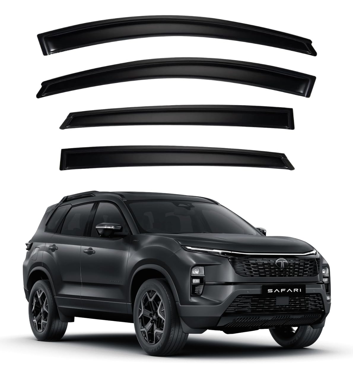 ShopClub Premium Smoke Car Door Visor Front+Rear Sun/Rain Guard Outside Mount Tape-On Window Visors Compatible with Tata Safari EV (2025)