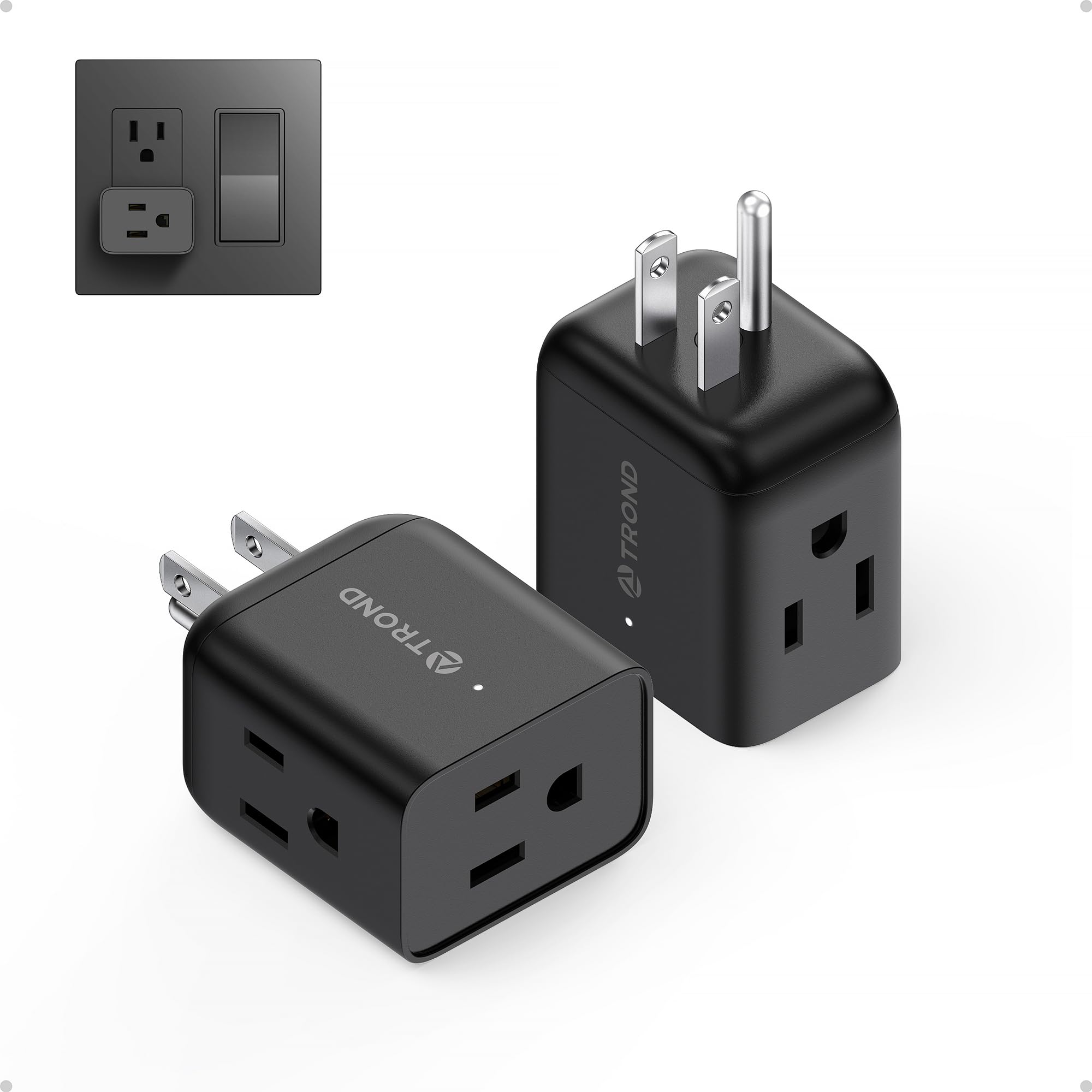 TROND Multi Plug Outlet Extender 2 Pack - ETL Listed Horizontal Electrical Wall Outlet Splitter, 3 Way Plug Extension Outlet Adapter, Multiple Plug Extender for Home Office Cruise Ship Travel, Black