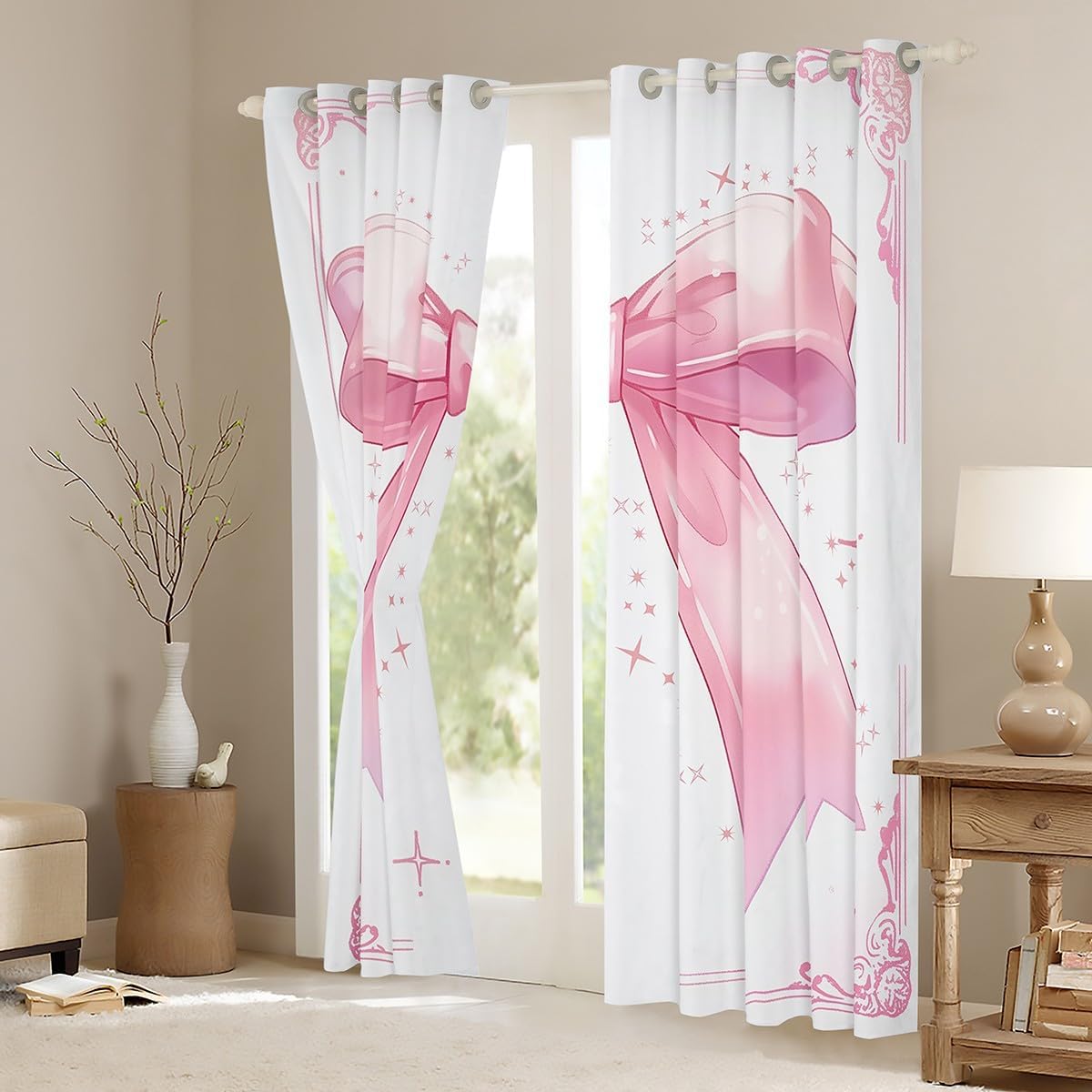 Manfei Pink Bow Blackout Curtains Watercolor Bowknot Window Drapes for Kids Girls Princess Room Decor, Pink and White Window Treatments, Grommet Top 2 Panel Set Curtains, 42Wx84L inch