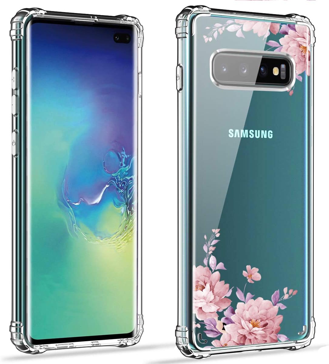Hocase Galaxy S10 Plus Case, Clear Hard Plastic Back Cover+Shockproof TPU Rubber Bumper Corners Hybrid Slim Protective Case for Samsung Galaxy S10 Plus (SM-G975U) 6.4" Display 2019 - Rose Gold Flowers