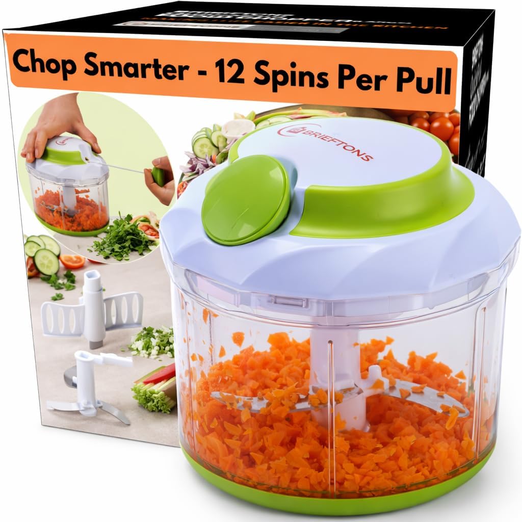 Brieftons QuickPull 4-Cup Manual Food Chopper - Tear-Free Onion Chopper, Vegetable Mincer, Herb Blender for Salsa, Salads, Pesto
