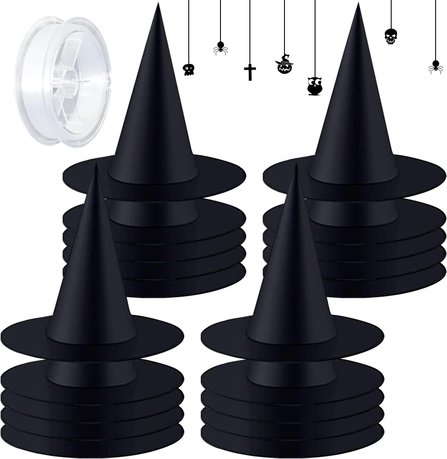 HalatoolHalatool 20 Pieces Witch Hats Halloween Party Favors, Indoor Outdoor Costume Accessories Hanging Black Witch Hat with 98 Feet Hanging Rope for Halloween Party Decoration