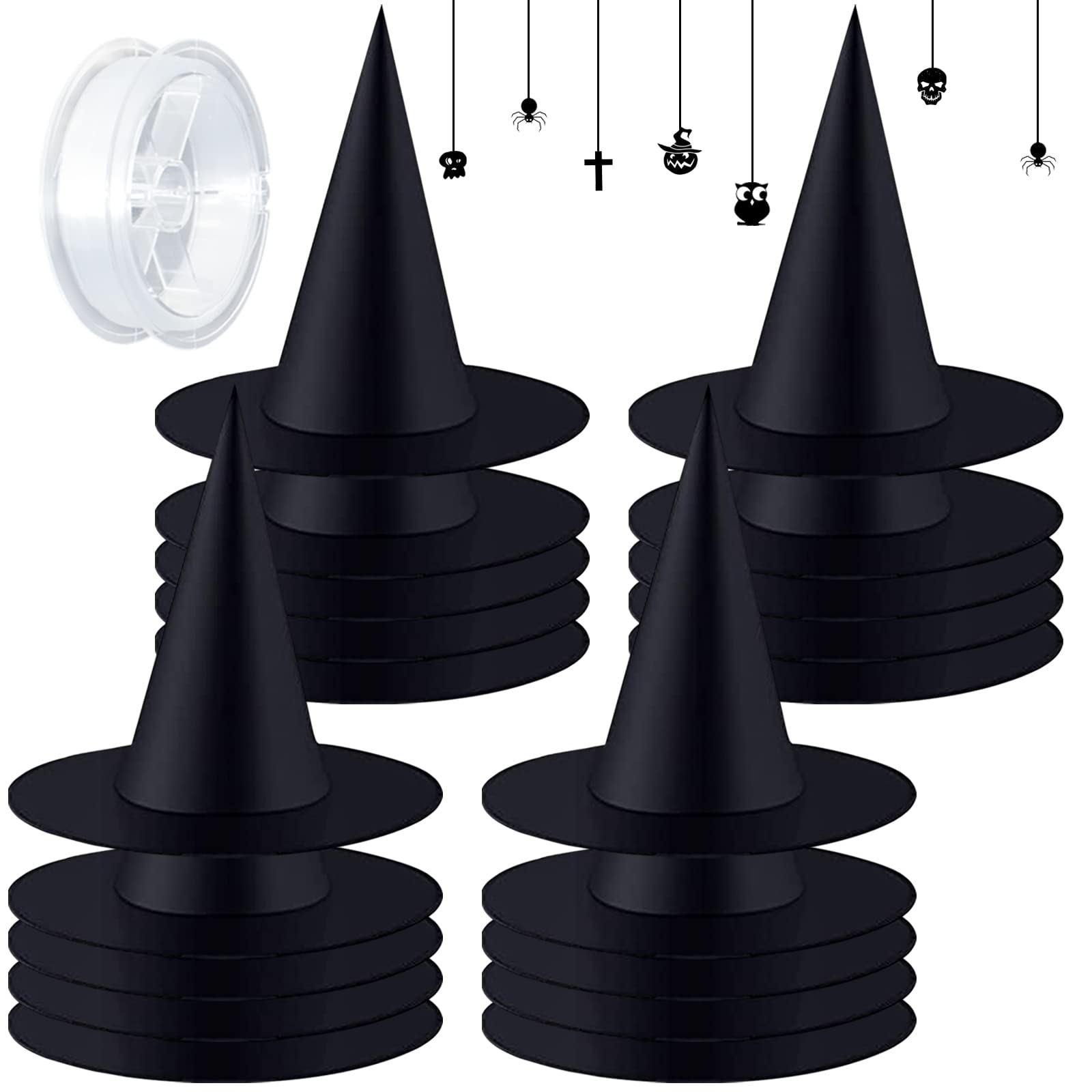 HalatoolHalatool 20 Pieces Witch Hats Halloween Party Favors, Indoor Outdoor Costume Accessories Hanging Black Witch Hat with 98 Feet Hanging Rope for Halloween Party Decoration