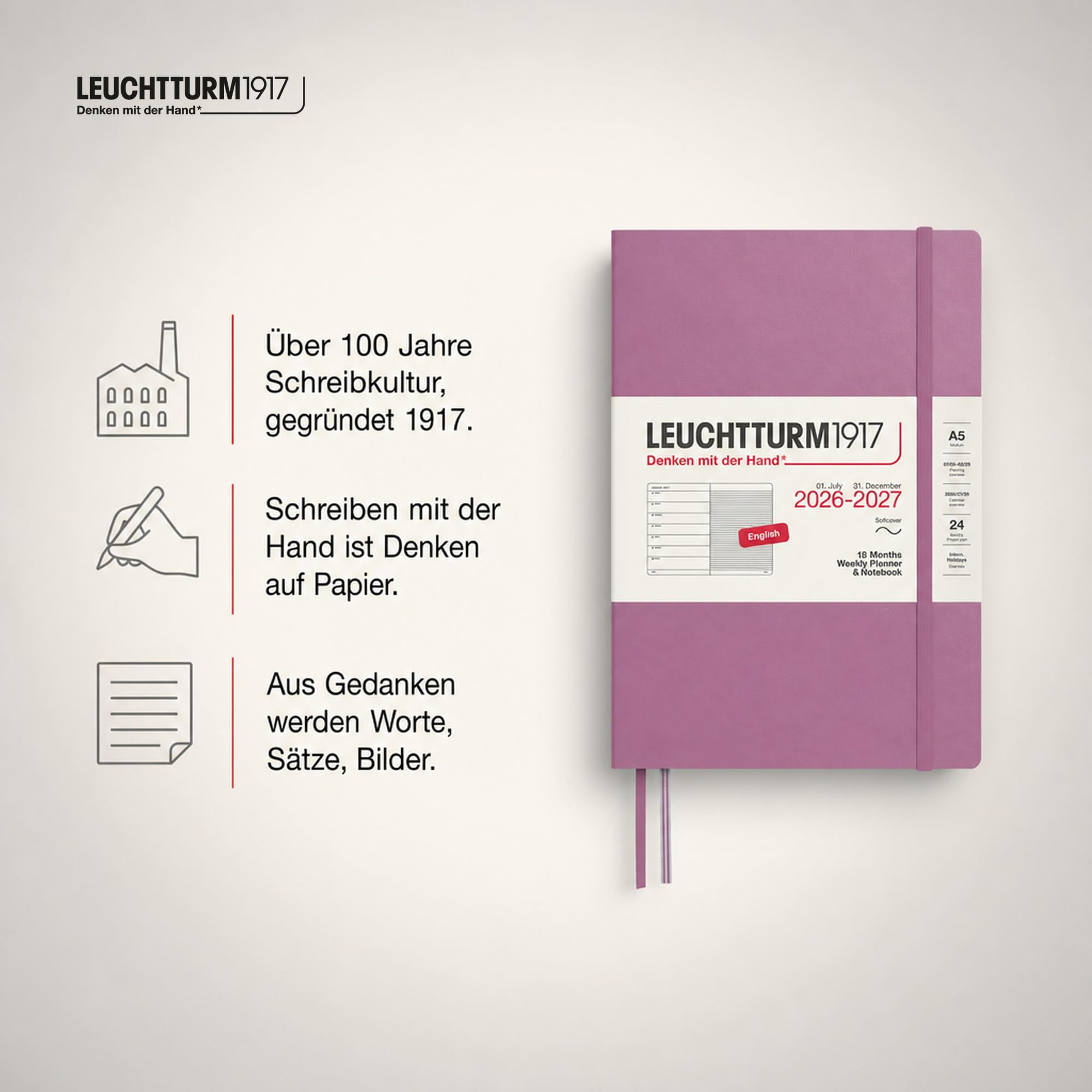 LEUCHTTURM1917 - Agenda settimanale e taccuino con copertina morbida, formato A5, 18 mesi, luglio 2026 - dicembre 2027, inglese, rosa antico